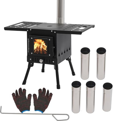 Poêle à bois pliable d'extérieur avec tuyaux de cheminée, poêle de jardin, poêle d'extérieur pour pêche, camping, eau bouillante, barbecue