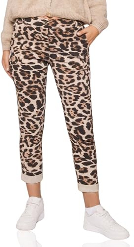 Kendindza Chino Damen Hose Stretch mit Gürtel Stoffhose Damen elegant lang Leopard Hose Leo Muster Print M