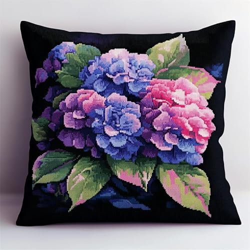 Kreuzstich Kissen Set Vorgedruckt, Lila Hortensie Handstickerei Nähkissenbezug 45X45cm Stickpackung Stickset Kreuzstich Kissen zum Basteln Stickkissen Stickpackung