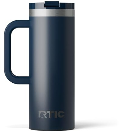 RTIC 20oz Road Trip Travel Mug with Lid and Handle, Ceramic Lined, Insulated, Stainless Steel, Metal, Double Wall Vacuum-Insulation, Portable Coffee, Tea Cup for Hot and Cold Drink, Navy