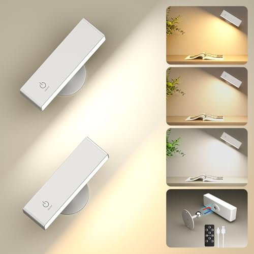 YiLaie Lámparas de Pared 2 Pcs, Apliques Pared Interior con Mandos a Distancia, 3 Temperaturas de Color, Control TáCtil, luz Pared 360° Giratoria Adecuado Para Dormitorio, Sala de Estar, Lectura
