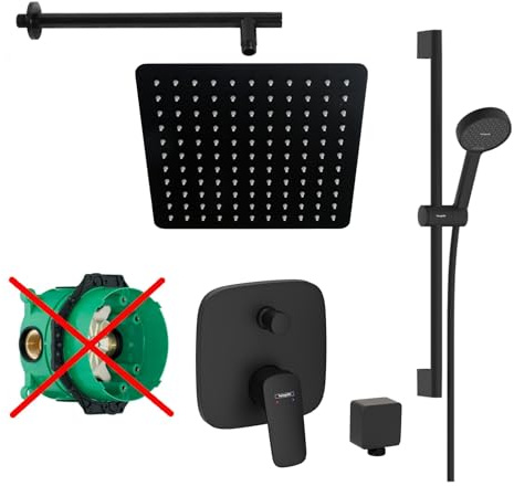 vanvilla Duschsystem mit Unterputz Duscharmatur von Hansgrohe Einhebelmischer und vanvilla Regendusche mit Armatur, Duschkopf eckig, Dusch-SET HGS53-ob schwarz matt beschichtet