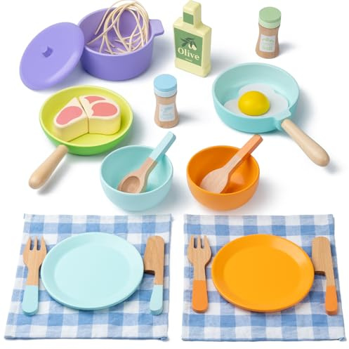 Wooden Kitchen Toys for Toddlers, Montessori Pretend Play Kitchen Accessories, Play Food Sets for Kids Kitchen, Pots and Pans Cooking Sets, Gifts for 3 4 5 Years Old Girls Boys