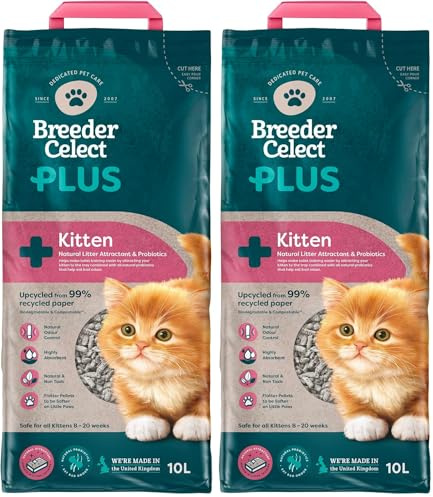 Breeder Celect Plus Kitten Cat Litter (10L) - 99 Percent Recycled Paper, Absorbent Cat Litter, Natural Probiotics & Attractant, Optimal Odor Control, Non-Clumping, Biodegradable - Made in UK