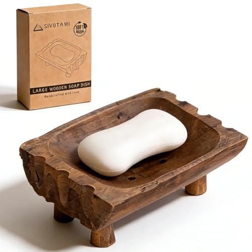 Large Rustic Teak Wood Soap Holder, Farmhouse Wooden Soap Dish,Decorative Bathroom Shower Soap Holder, Handmade Kitchen Countertop Soap Stand with Draining Holes