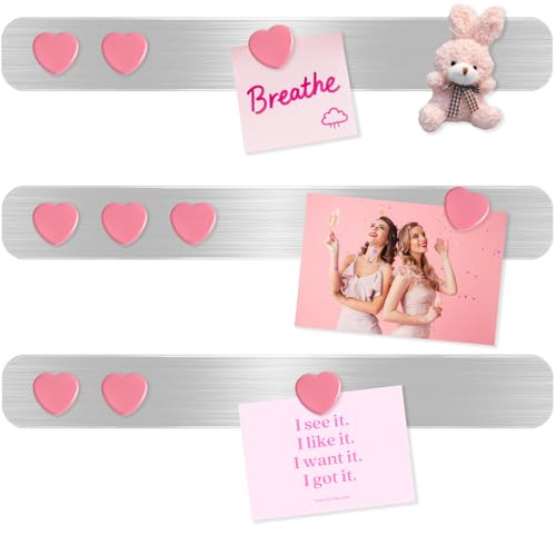 DUJEQM Magnetic Board Strips - 3Pcs Stainless Iron Magnetic Strips with Adhesive Backing & 10 Pink Heart Magnets, Frameless Small Bulletin Board for Wall, DIY Memo Board for Home Kitchen School Office
