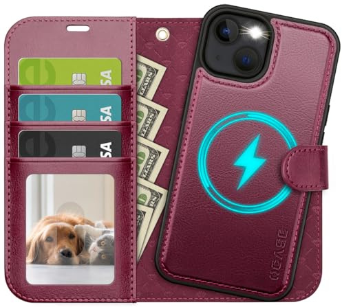 OCASE Avtagbart fodral för iPhone 13, 2 i 1 PU-läderfodral, RFID-blockering, stativ, kortplatser, stötsäkert TPU-folio magnetiskt fodral för iPhone 13 - vinrött