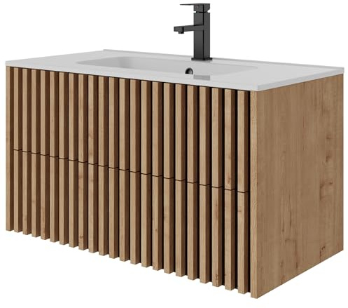 UEV Waschtisch mit Unterschrank, Waschbeckenunterschrank 90cm hängend,Natur | Waschplatz, Keramik Waschbecken, Badezimmmer Möbel für Gäste WC, Badmöbel Set