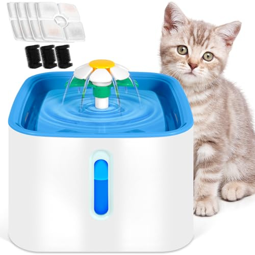 JUQG Bebedero para Gatos 2.5L con Cuatro Filtros de Carbón Activado, Fuente de Agua para Mascotas Ultra Silenciosa con luz LED - Sistema de Filtración Cuádruple, Tres Modos de Flujo de Agua
