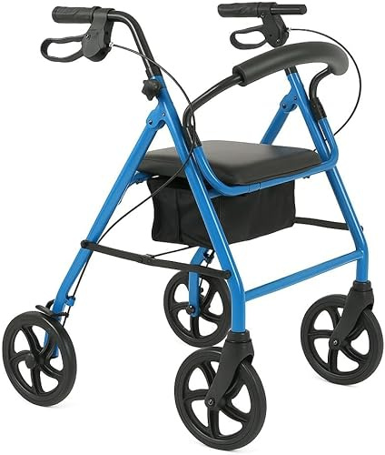 Caring Steel Rollator Walker for Seniors – Foldable Adult Rolling Walker with 6” Wheels, Adjustable Handles, Padded Seat & Storage – Lightweight Mobility Aid, 300 lb. Limit, Light Blue