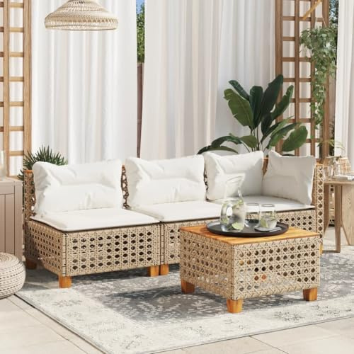 Teenpull Gartensofa 3-Sitzer, Beige Poly Rattan Outdoor Loungesofa mit Kissen, UV-beständig, Modulares Design für Terrasse & Balkon