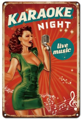 Hobbspring Metal Signs Singing Lady Vintage Green Dress Vertical Microphone Wall Hanging Plaque for Bars KTV Record Stores Pub KARAOKE NIGHT Door Sign Music Theme 1pc 20x30cm