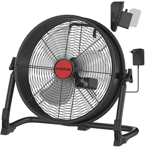 ILIKEPOW Ventilatore da Pavimento 12'' per Batteria Milwaukee 18 V, Adattatore e USB Type-C, Silenzioso, Velocità Variabile, Ventilatore da Terra Industriale, 360°per Cantiere, Casa, Campeggio