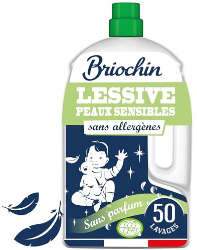 BRIOCHIN Lessive liquide Peaux Sensibles sans parfum, 50 lavages | Sans colorant, sans azurant optique, sans allergène, testée dermatologiquement, bidon recyclable, 2,27L