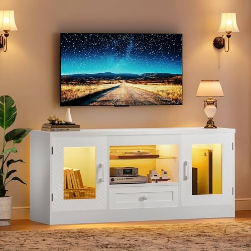 Concho 106 CM LED TV Stand Cabinet for 55 Inch TVs, Gaming Entertainment Center with RGB Lights & Drawers for PS5, Modern TV Unit for Living Room Bedroom, White Carbon Fiber