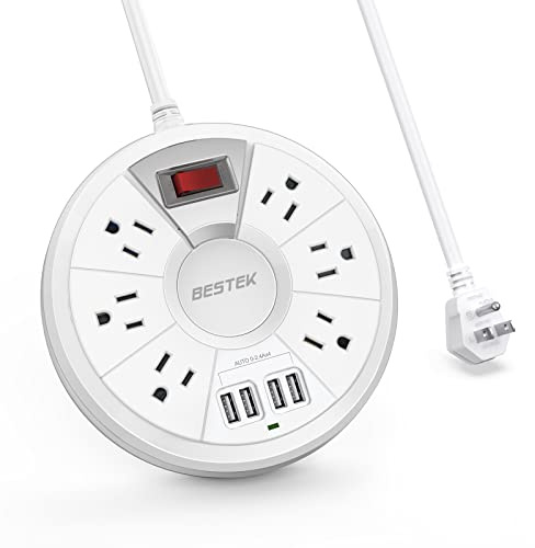 Travel Power Strip, BESTEK 6Ft Extension Cord with 4 USB Ports and 6-Outlet (13A 125V), Surge Protector Power Strip for Dorm Room, Bedside, Cruise Ship, 220J, White
