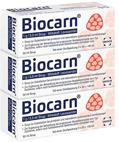 Biocarn Sirup 3 x 50 ml bei Carnitinmangel - Stärkung des Herzens & der Skelettmuskeln - beugt Muskelschwäche & Muskelschwund vor - L-Carnitin