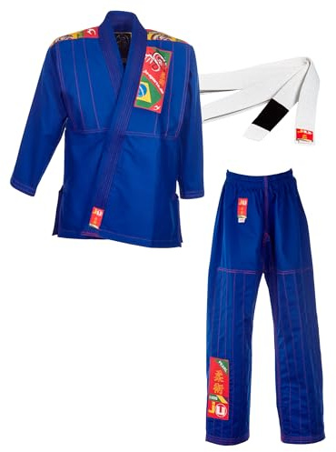 Ju-Sports BJJ Anzug Kids Blau 130 I Leichter, schlanker Brazilian Jujutsu Anzug speziell für Kinder I BJJ Gi im bunten Design I Inkl. weißem Gurt I 100% Baumwolle