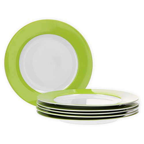 van Well Vario Speiseteller-Set 6-teilig - Tafel-Service für 6 Personen - flache Ess-Teller mit Ø 26,5cm - Porzellan-Service weiß mit Rand in Grün - Teller-Set mikrowellengeeignet