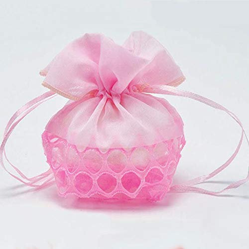 Beutel für Dragees aus doppeltem rosa Stoff oben aus Organza an der Unterseite aus festem Tüll für Mädchen, komplett mit Kordel zum Verschluss, Gastgeschenk zur Geburt, Taufe, Kommunion (Set mit 12