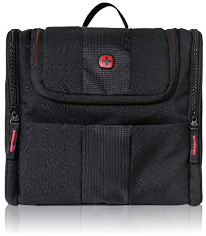 WENGER Reise Kulturtasche zum Aufhängen für Damen und Herren, großer Kulturbeutel mit 7 Liter Fassungsvermögen, Kosmetikbeutel mit Haken, Kosmetiktasche in Schwarz mit grauem Innenfutter