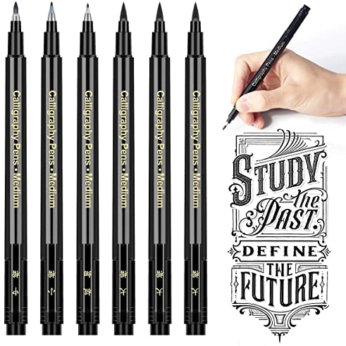 APOGO Kalligraphie Stifte, Handlettering Stifte 6 Calligraphie Stifte Set für Übungsheft, Anfänger, Tagebuch, Bullet Journal Zubehör, Brush Pen Schwarz