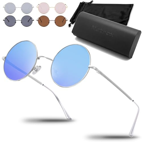 Netrox - Occhiali da sole rotondi in stile retrò con montatura in metallo - custodia e astuccio in microfibra - 5 colori - Protezione UV400, vintage, uomo donna, lenti a specchio, sole, rotondi, blu
