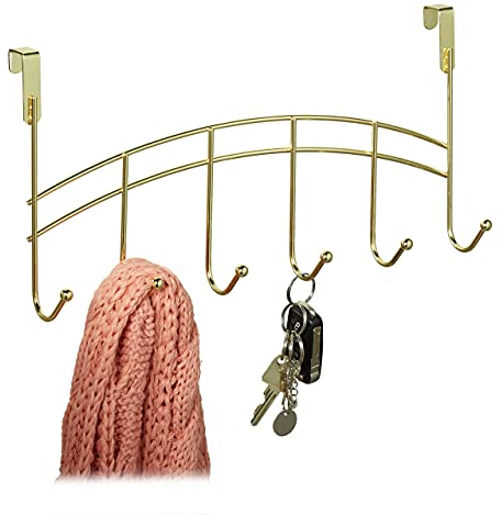 Relaxdays Türgarderobe, 6 Haken, zum Einhängen, Metall, Türhakenleiste Flur, Schlafzimmer, Bad, HBT 20x40x9 cm, Gold