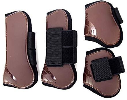Merauno® Lot de 4 guêtres pour chevaux, paire pour avant et arrière avec coque rigide et fermeture velcro pour femmes et hommes, en PU robuste et élastique, bottes pour tendons, classique (M(VB), brun