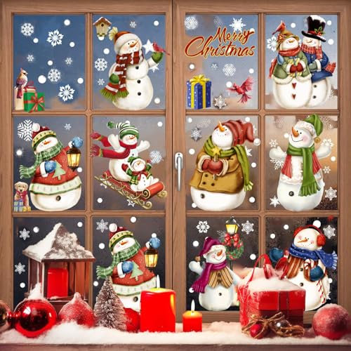 Litupic 195 Pcs Christmas Window Stickers| Large-Size Double-Side Xmas Snowman Snowflake Window Decoration Reusable | Snowflake Window Clings for Xmas Decorations Home Party Decor