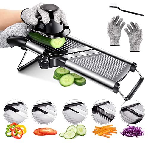 Masthome Mandolina de Cocina Profesional, Mandolina Multifuncional Ajustable, Cortador de Verdura con Protección de Mano y Guantes de Seguridad, para Verduras, Patatas, Cebollas, Pepino, Negro