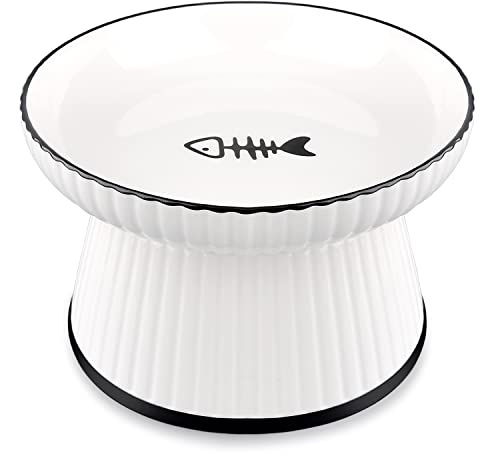 Groß Futternapf Katze aus Keramik, 18cm Katzennapf Erhöht für Stressfreies Gesunde Fressen, Weiß Katzenteller Flach, Anti Brech Napf für Katzen und Kleine Hund, rutschfest Hundenapf 15oz