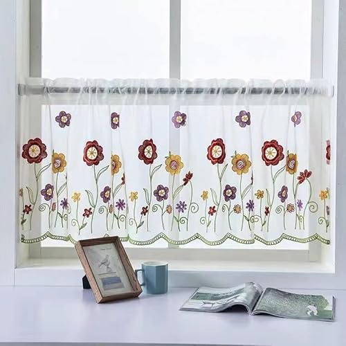 Devola Landhausstil Vorhang Blumenmuster Stickerei Scheibengardine tranparente Bistrogardine Moderne Kleines Fenstervorhang Küchengardine Kurzstore HxB 30x120cm Rot-Blumen 1er Pack