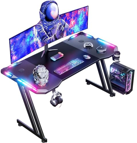 DLONGONE Gaming Desk 140x60cm with LED Lights, Z Shaped Gamer Desk, Black