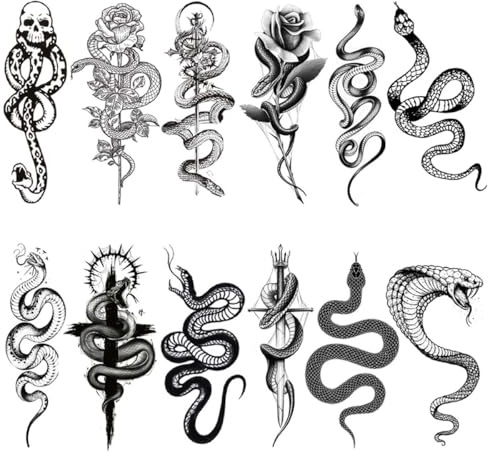 SNOWZAN 12 Feuilles Serpent Tatouages Temporaires Femmes Hommes Marque Sombre Mangemort Tatouages Noir Tatouage Serpent Faux Tatouages Autocollants Imperméables Tatoo Décor Halloween Fêtes Costume Acc