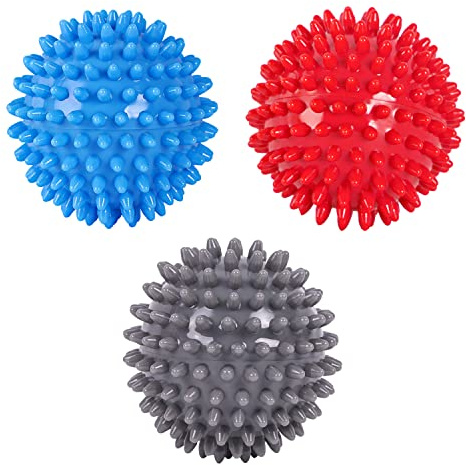 3 Massagebälle mit 6 cm, Faszienbälle, Igelkugeln, für die Muskelmassage von Rücken, Beinen, Füßen und Händen (rot, blau, grau)