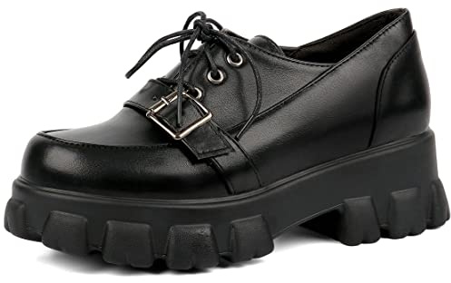 Womens Platform Oxford Shoes Chunky Platform Loafers Goth Buckle Shoes,Size 11.5 Black-PU
