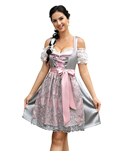KOJOOIN Dirndl Vestido Tradicional Midi para Mujer De 3 Piezas. Moda Trachten Que Incluye Vestido Dirndl, Blusa Dirndl, Delantal Dirndl para Ocasiones Especiales De Oktoberfest Gris (3 Partes) 36