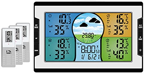 Reloj digital multifunción RF de 4 canales, indicador de temperatura interior y exterior y humedad del aire con alarma de advertencia, estación meteorológica, previsión meteorológica, presión de aire,