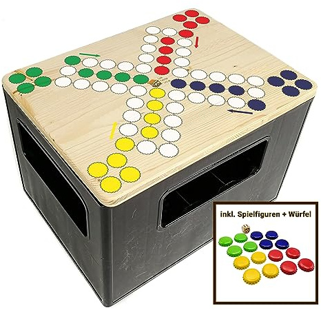 Bierkastensitz Raus mit dir inkl. Spielfiguren und Würfel als Geschenkidee, Sitzauflage aus Holz für Getränkekisten