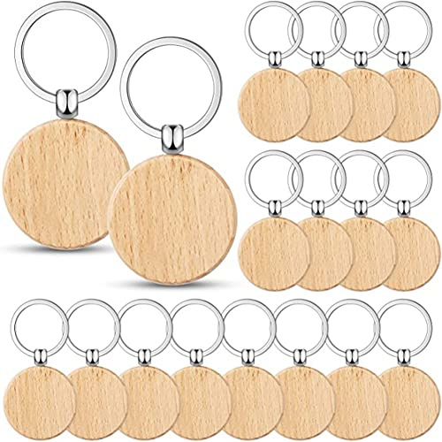 LEWITORS 50 Stück Holzschlüsselanhänger 40mm Schlüsselgravur-Rohlinge für Heimwerker, Runde DIY Schlüsselanhänger-Set Laserbeschriftungsfertig