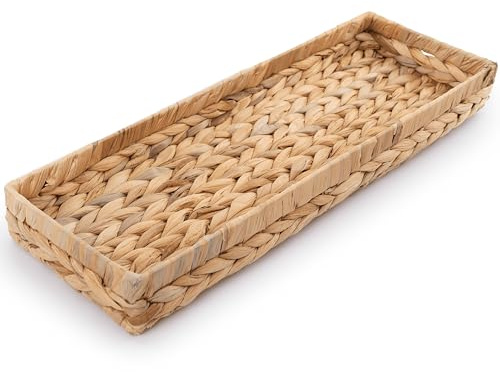 HAMOTOPI Toilet Tank Tray for Bathroom 16x6 in Back of Toilet Tray Vanity Tray Set for Bathroom Countertop Wicker Storage for Paper Hand Towel Rattan Toilet Tank Basket Woven Hyacinth Trays