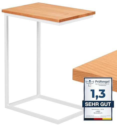LAMO Manufaktur Beistelltisch | Laptoptisch | Sofatisch | mobiler Kaffeetisch | Nachttisch | 50x35x67 cm | Gestell Weiß | 100% Echtholz Massiv Platte Farbe: Natur