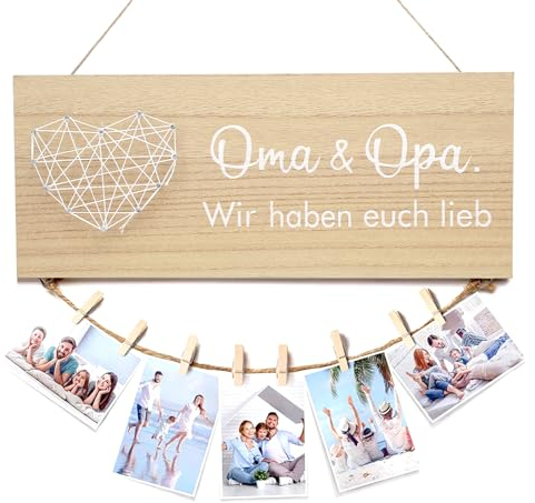 ZMDMAH Regalo per nonno, regalo per nonna, regalo per nonna, regalo per nonna, regalo per nonno, nonno, regalo di compleanno, corda per foto con graffette, nonna, nonno, scritta in legno