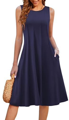HOTOUCH Women's Summer Dress Sleeveless Round Neck Sundress Solid Color Casual Dress with Pockets Navy Blue L