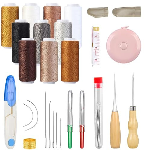 Schwerlast Handnähnadeln Leder Stitch Set, 36 Stück Wachsfaden Leder Nähwerkzeuge, Gewachste Faden Nähfadentrenner und Bohrahle Set, DIY Gebogene Fingerhüten für Anfänger Lederhandwerk Basteln