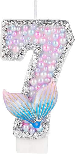 mciskin Candela di compleanno a forma di coda di sirena numero 7, scintillante, perle rosa viola, glitter, unisex, candela novità, decorazione per feste a tema sirena