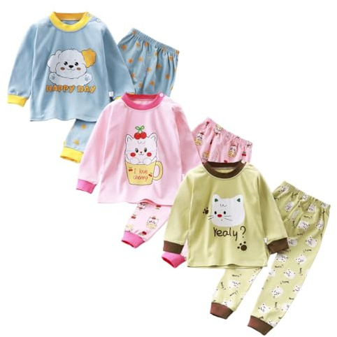 XM-Amigo Bébé＆Filles 3 Ensembles Pyjama 100% Coton Doux Haut et Pantalon | Imprimé motifs animés, tissu coton doux, peut être porté comme pyjama ou sous-couche hivernale
