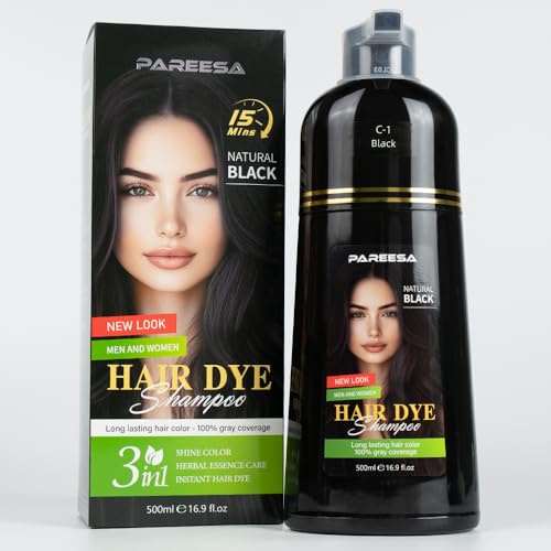PAREESA Hair Dye Shampoo 3 in 1 for Gray Hair Shampoo Para Canas Mujer Hair Color Shampoo for Women & Men - Herbal Ingredients Natural Plant Hair Dye 500ML (Black)