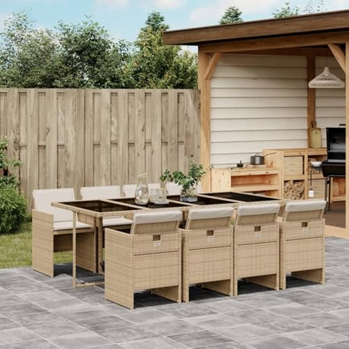 Homgoday Juego de 9 muebles de jardín con cojines y sillas de jardín con mesa, muebles de balcón, grupo de comedor para 8 personas, para jardín, terraza, balcón, beige poliratán
